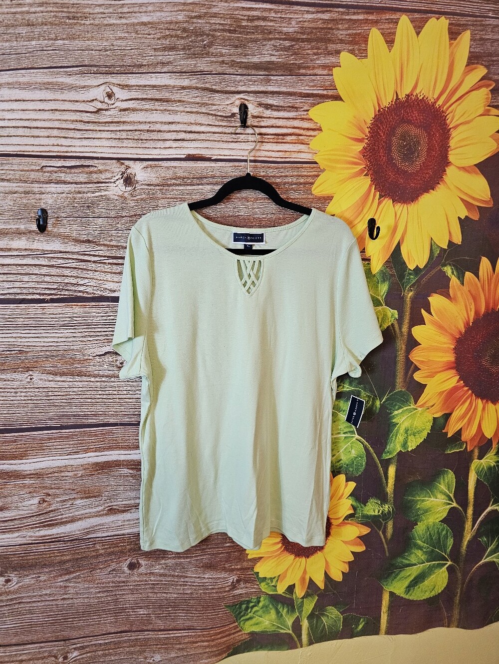 Karen Scott - Pale Green Short Sleeve Top with Lattice Neckline